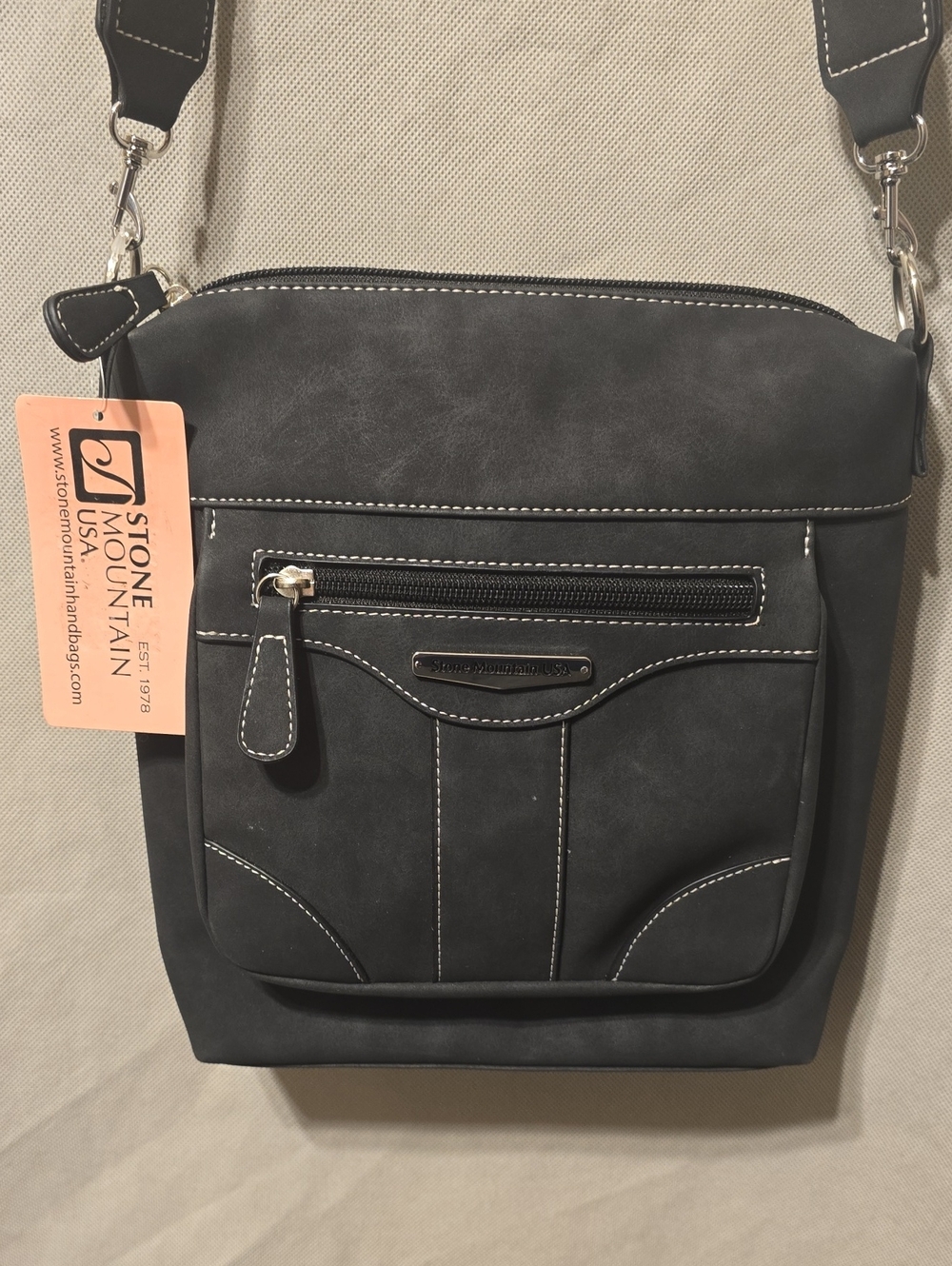 Stone Mountain Black Crossbody Messenger Bag with White Stitching